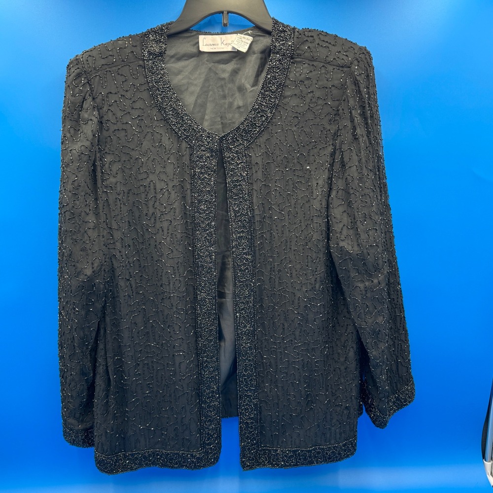 VTG Laurence Kazar Black Beaded Silk Jacket Blazer Women's 1X Evening Wear